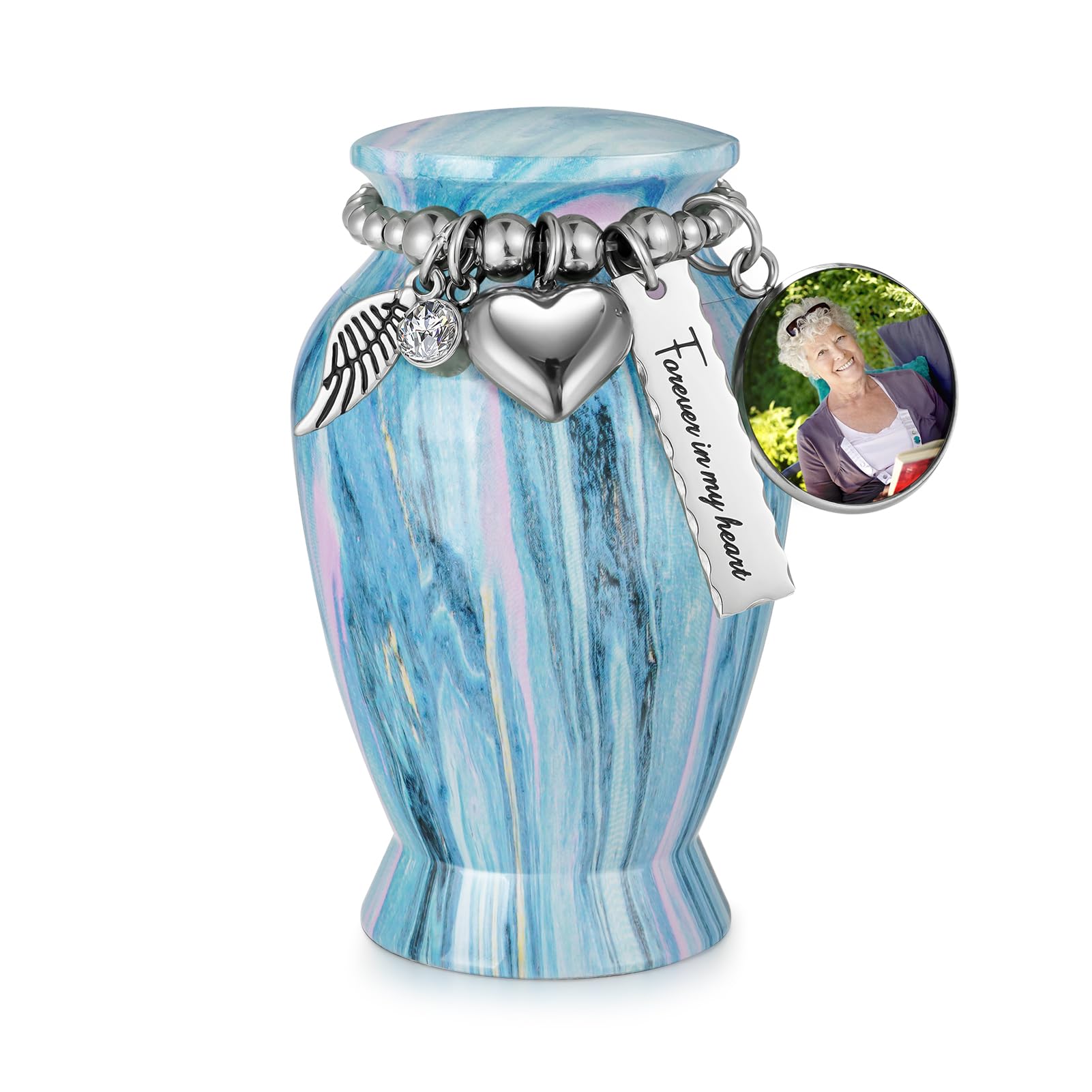 Memorials Small Urns for Human Ashes Keepsake Aluminum Mini Urns for Ashes with Angel Wing Charm Decorative Burial Urn Funeral Cremation Urns for Women and Men (Ocean Blue, Customizable)