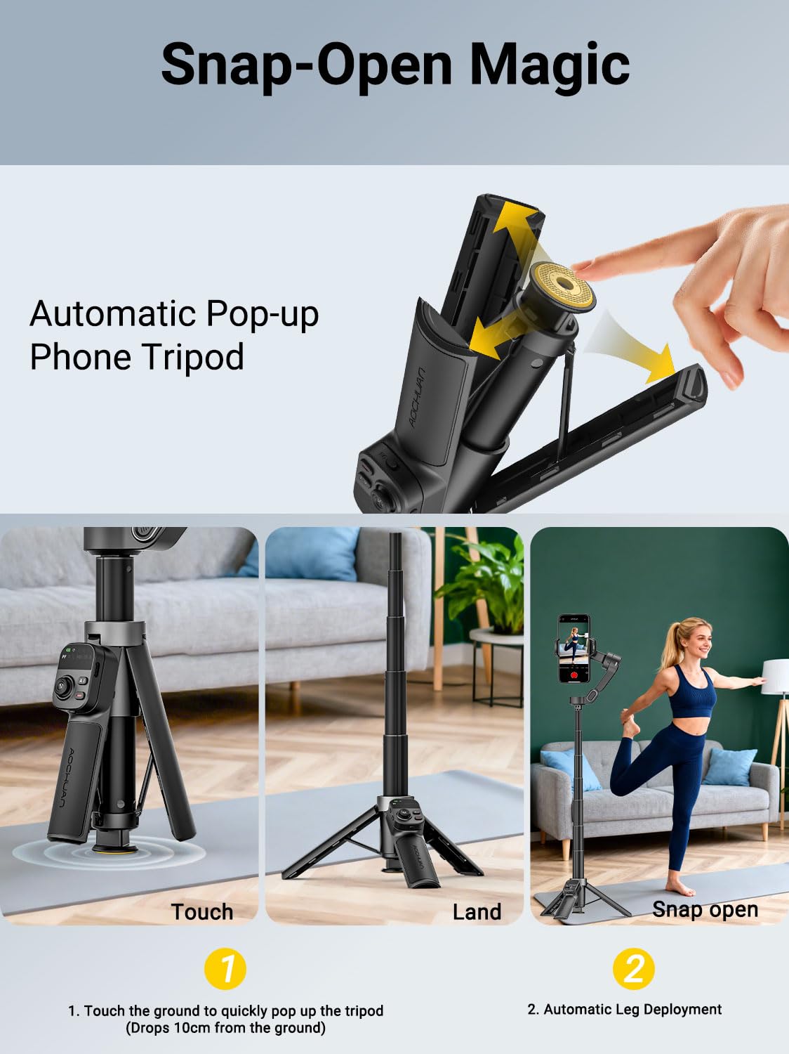 AOCHUAN Estabilizador de cardán de rotación panorámica de 360° para iPhone, control remoto magnético, estabilizador de 3 ejes con barra de extensión integrada y trípode abierto de un solo toque