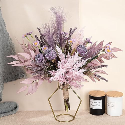 Miniatura 3 de Emivery Ramo de flores artificiales, arreglos florales de seda morada, ramo de hierba de pampa sintética, centros de mesa florales mixtos para