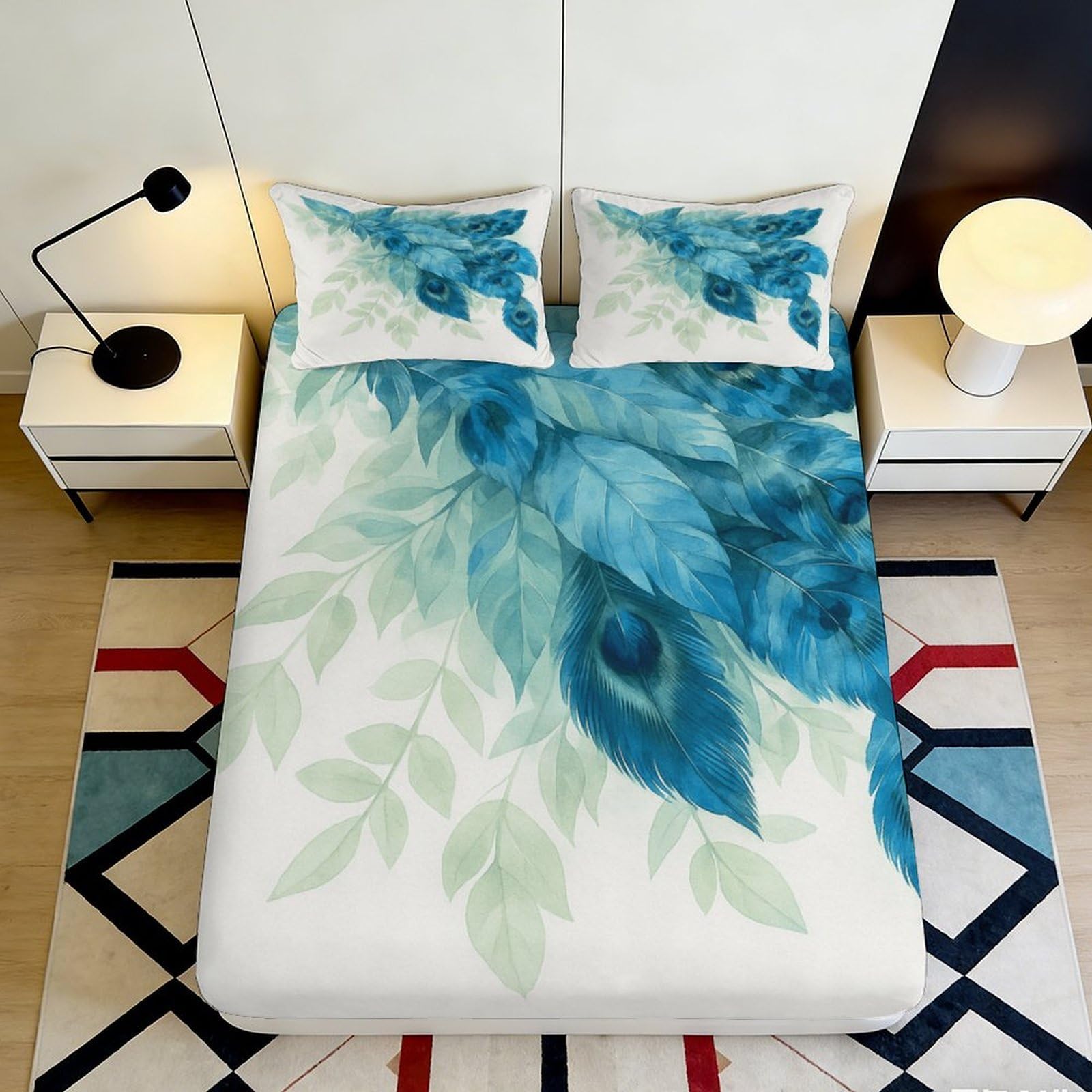 3D Printed Peacock Feather Fitted Sheet Microfiber Soft Blue Leaves Mattress Cover for Bedroom Guest Room Decor 140x200x25cm