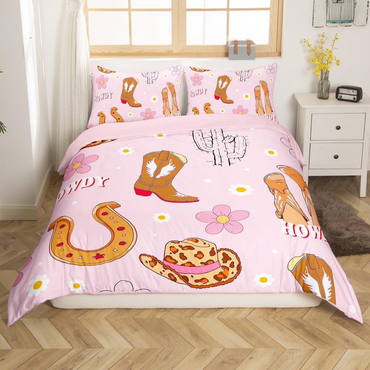 Homewish Copripiumino 140 x 200 Cowgirl rosa con 1 federa 65 x 65 cm – Parure da letto per bambini, motivo: fiori di campagna, set di copripiumini ferro a cavallo occidentale – microfibra
