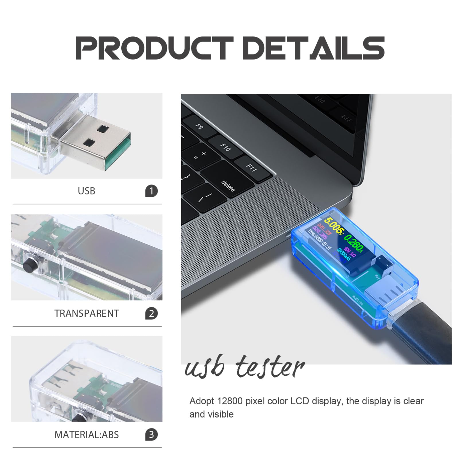 3 Piezas probador USB portátil contador de potencia Detector de voltaje ensayador probador de voltaje eléctrico probador de medidor de potencia USB AbS Transparent