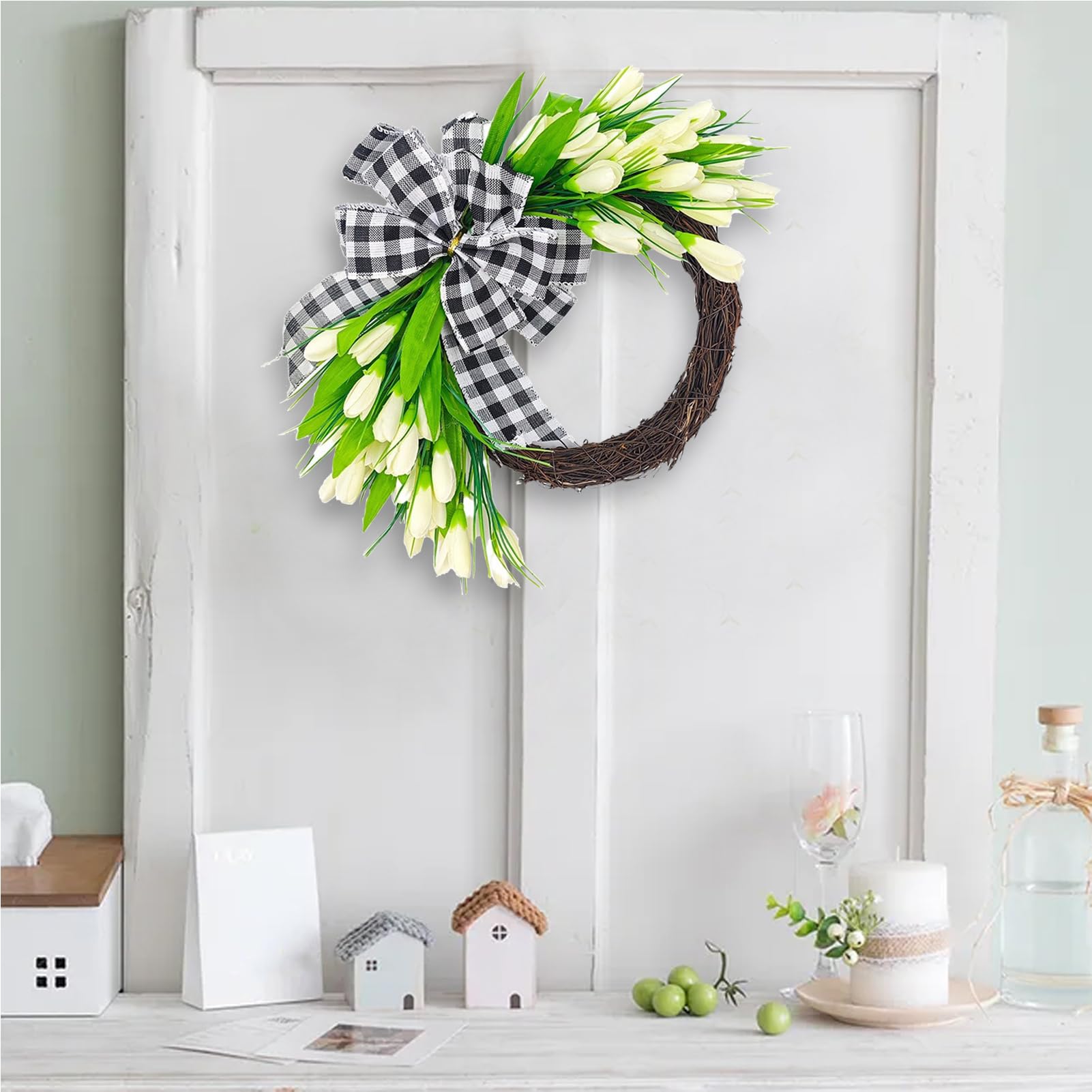 Künstlicher Tulpen-Blumenkranz, 39,9 cm Künstlicher Tulpenkranz, Frühlingskranz für die Haustür, Bauernhaus-Rattan-Kranz mit Tulpen und