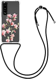 kwmobile Cover a Tracolla Compatibile con Sony Xperia 5 III - Back Case in Silicone - Cover con Laccio Collo - Custodia con Cordino - Rosa/Bianco/Trasparente Magnolie