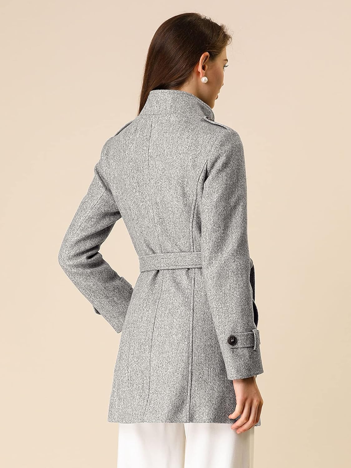 Allegra K Women's Stand Collar Double Breasted Pockets Trendy Outwear Winter Coat with Belt - Image 5