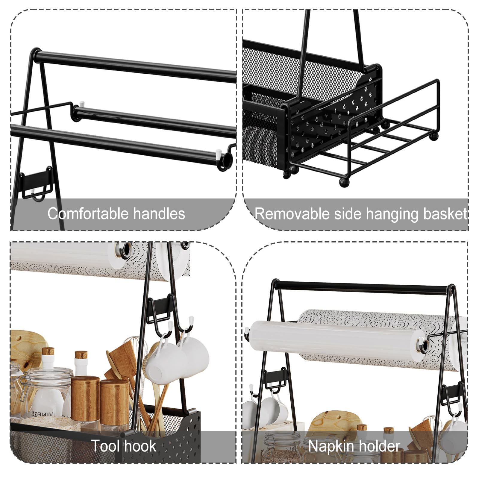 Grill Caddy für Camping,Picknick & Outdoor Edelstahl Campingzubehör Organizer,Schwarz Metall Tassenständer Gewürzregal,Kaffee Organizer Regal mit 4 Haken,Grill Utensilienbehälter