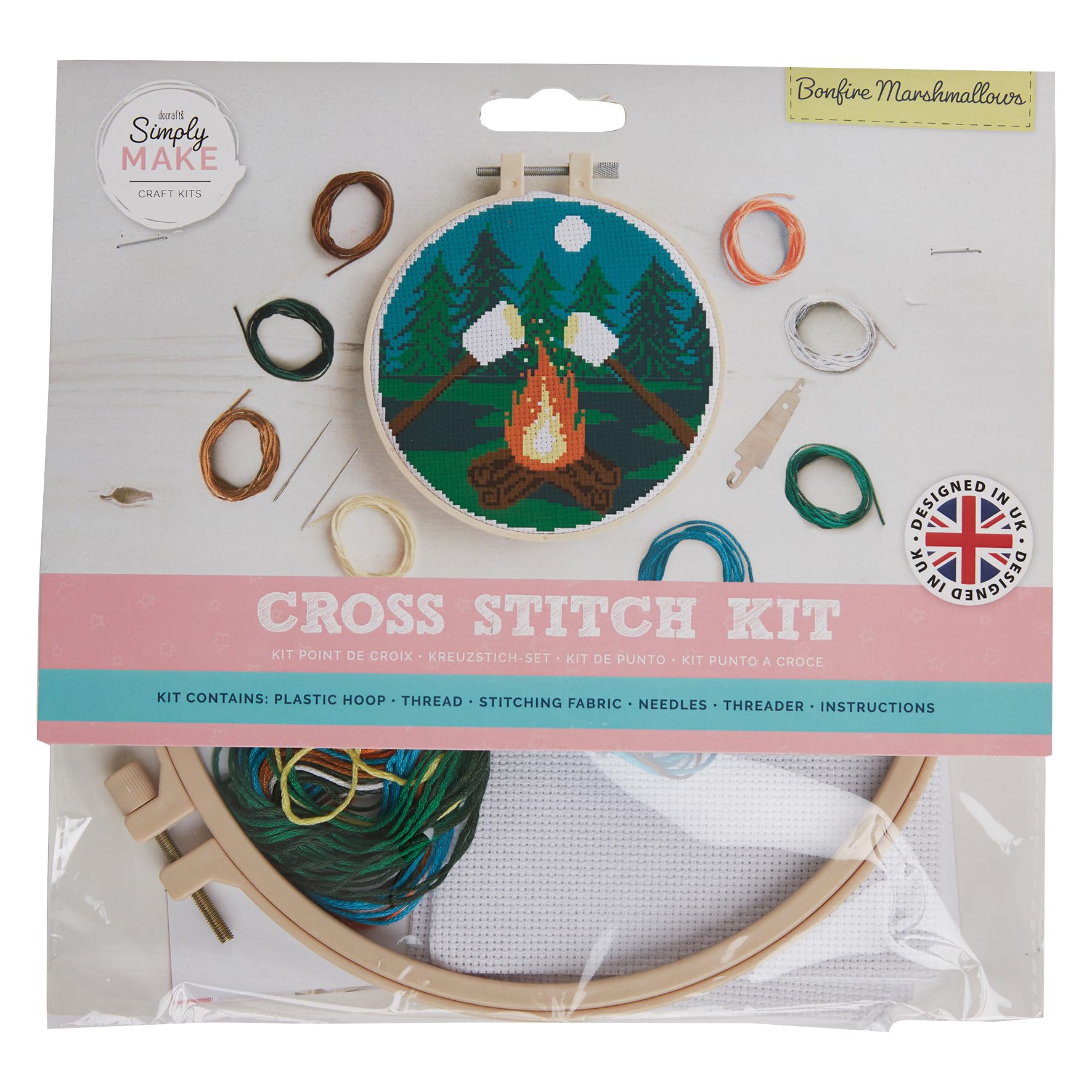 Simply Make Cross Stitch Kit - Bonfire Marshmallows for Kids and Adults, Including Hoop, Embroidery Thread, Fabric and Needle - Perfect for Adult Crafts and Beginners - Starter Cross Stitch Craft Kit