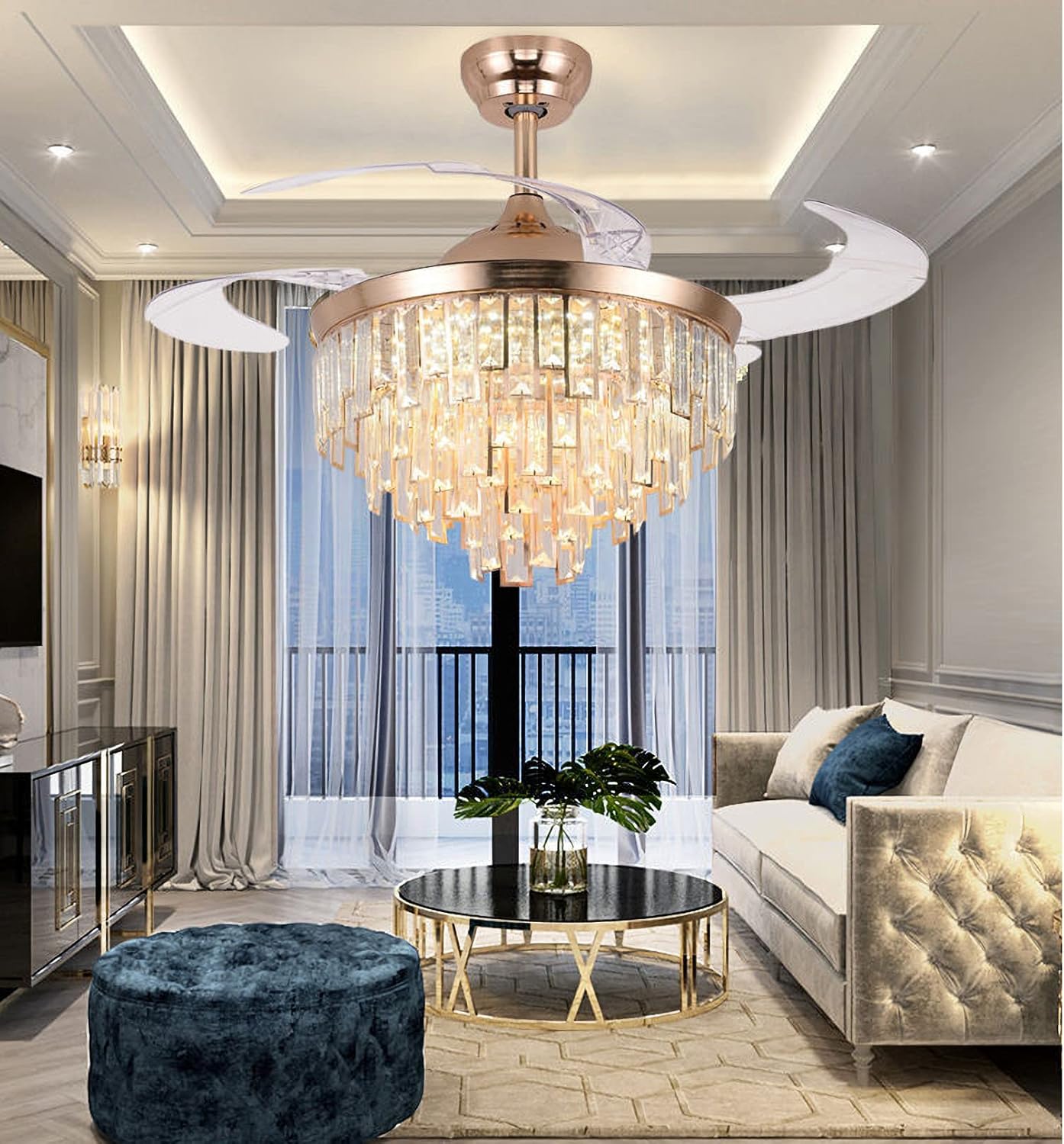 RuiWing 42" Gold Crystal Ceiling Fan with Light, Modern Luxury Fandelier with Remote Control Retractable Blades for Indoor Decoration LED 3 Color Changing(42inch)