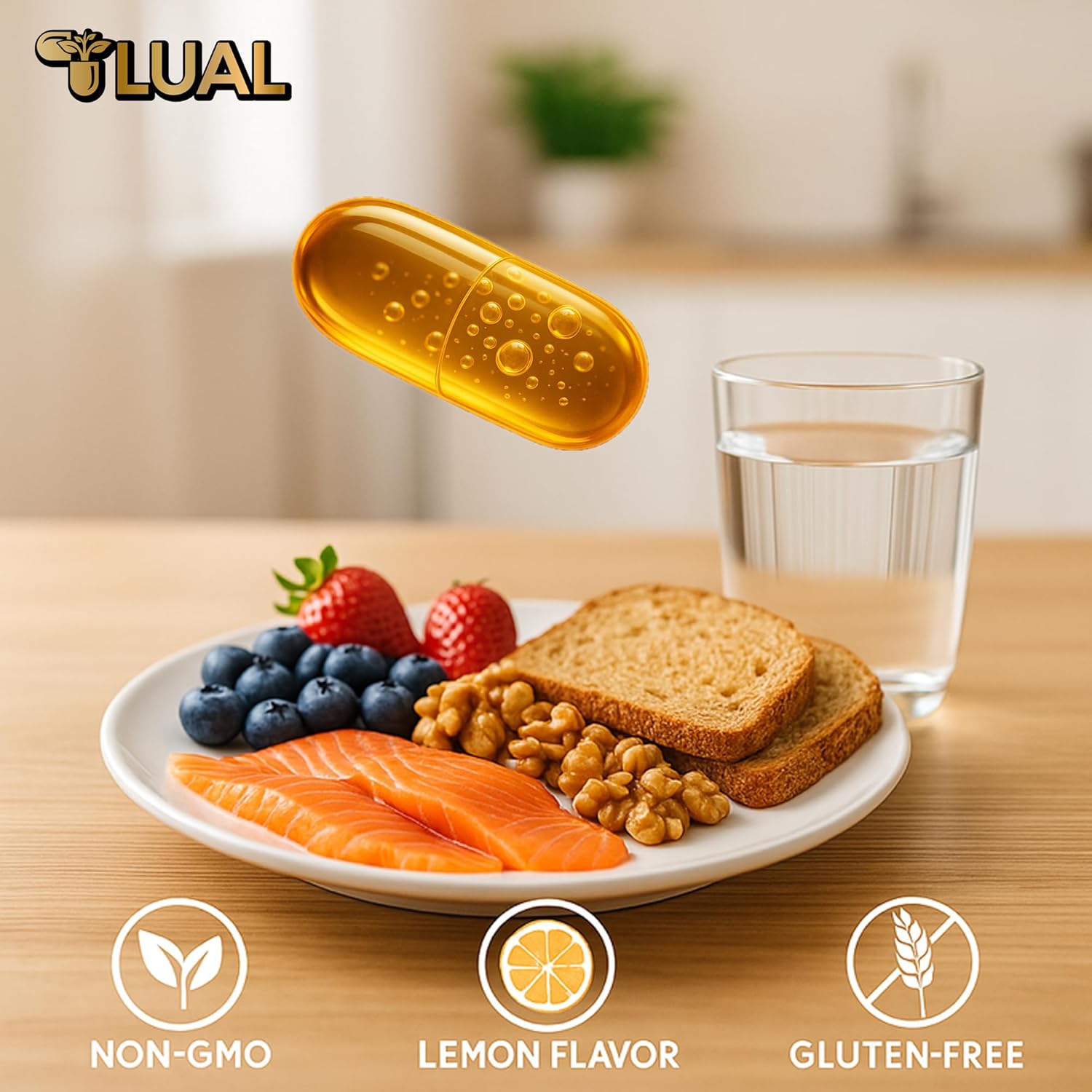 LUAL Omega-3 Fish Oil Softgels – 1000mg with EPA and DHA, Lemon Flavor, Burpless, Non-GMO Formula for Heart, Brain, and Overall Wellness – 120 Count - Image 7