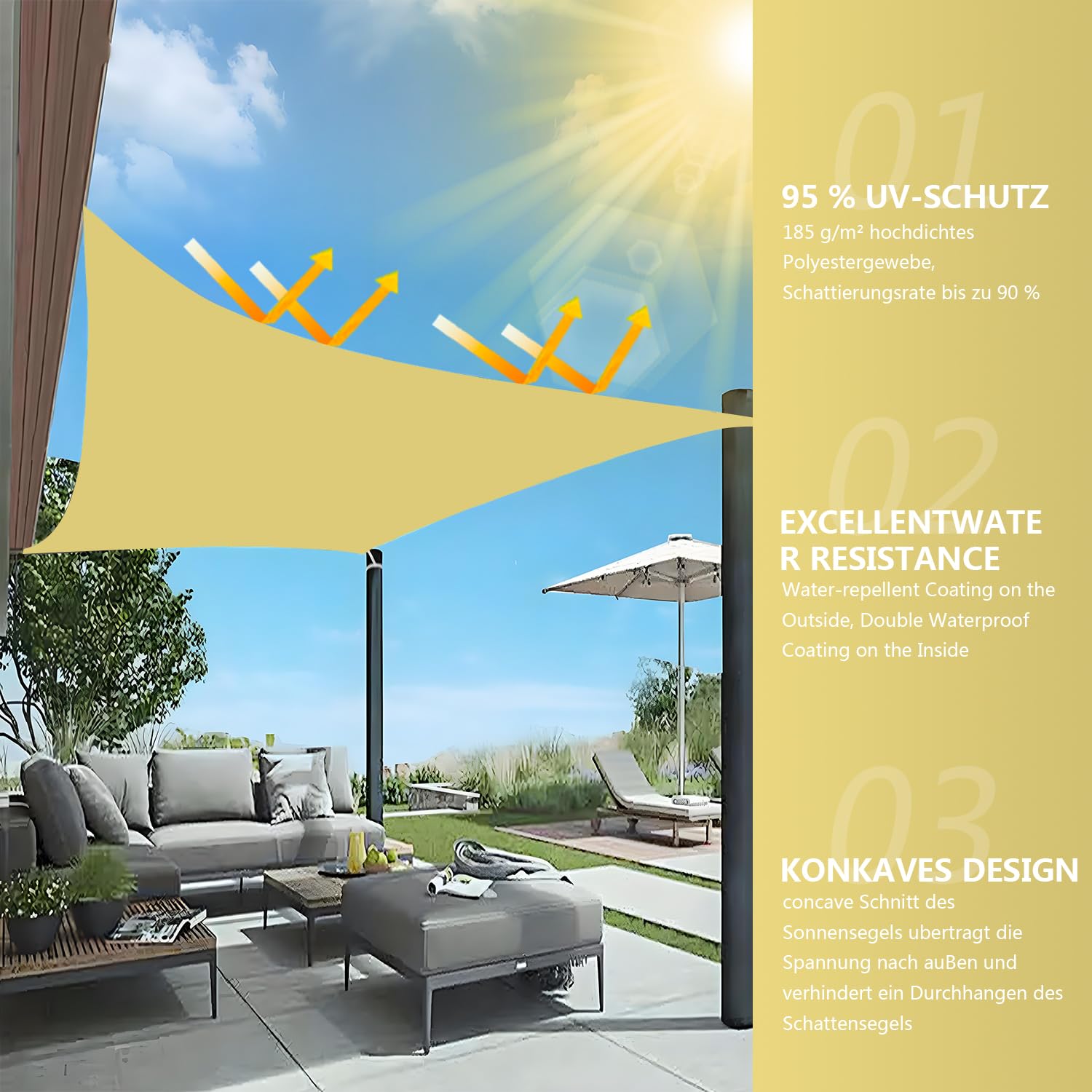 Sichtschutz Voile d'ombrage triangulaire, imperméable, 98 % de protection UV, indéchirable et résistant aux intempéries, en polyester PES, plusieurs longueurs et largeurs au choix, avec cordes de