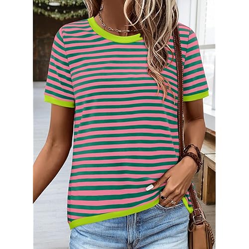 Womens Summer Tops Casual Striped Color Block Crew Neck Tank Top Loose Knit High Low Sleeveless Shirts Blouses