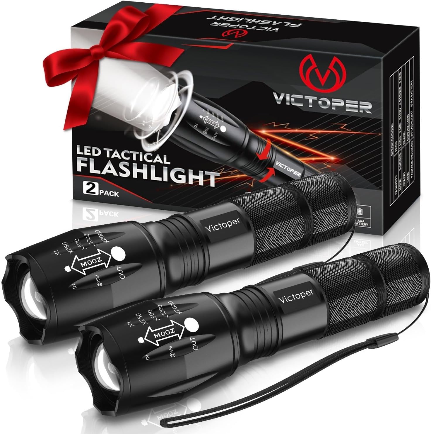 LED Flashlight 2 Pack, Bright Tactical Torch High Lumens with 5 Modes, Waterproof Zoomable Flash Light for Outdoor, Birthday Gifts for Men, Dorm Room Hiking Camping Essentials Gear for Guys