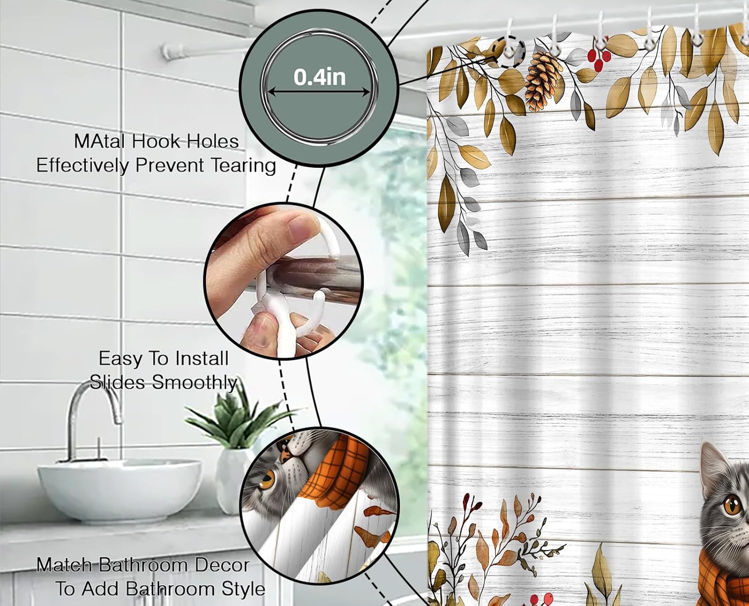 Fall Thanksgiving Shower Curtain Harvest Pumpkins Fall Cat Cute Watercolor Woden Retro Autumn Fabric Bathroom Decor Sets with Hooks,71W x96H