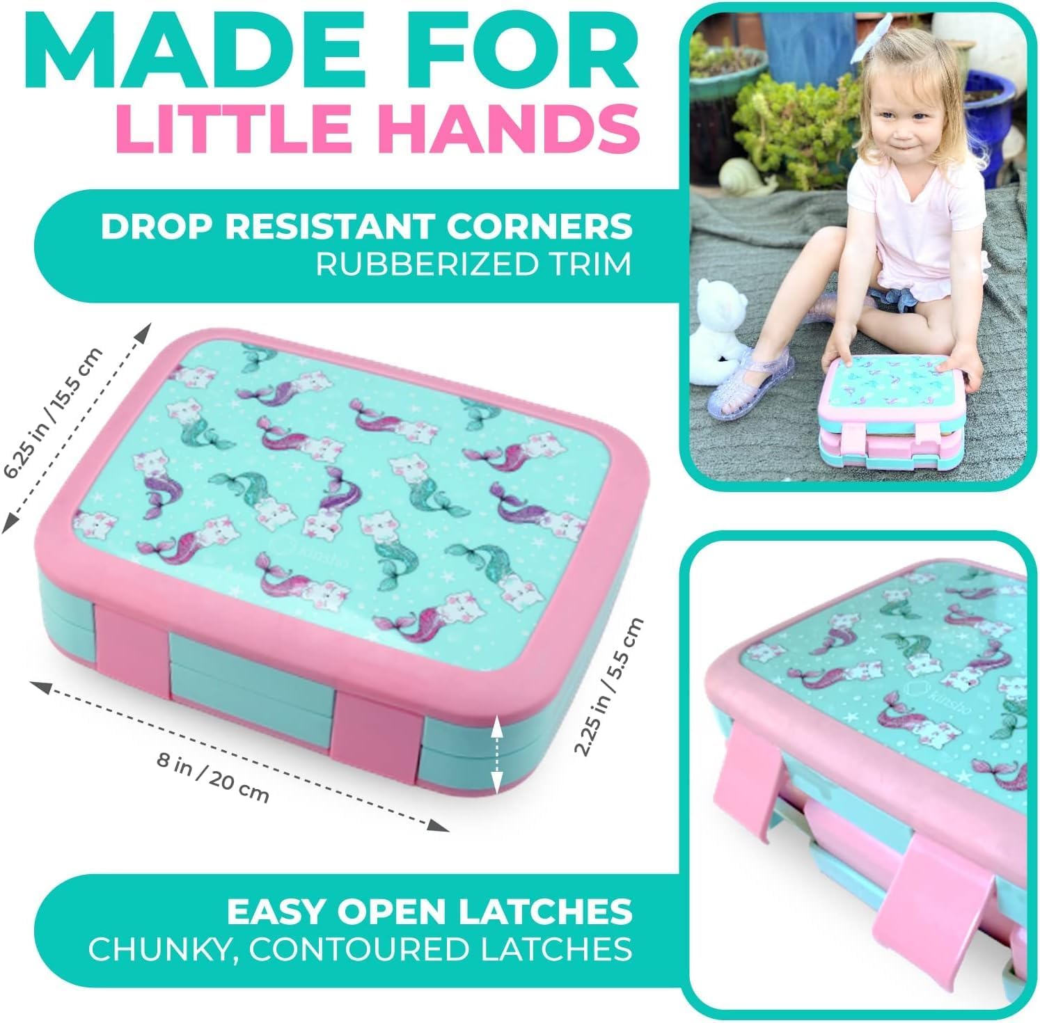 Bento Box with Stainless Steel Food Thermo for Hot Food or Soup, Insulated Lunch Bag, and Ice Pack Set for Kids Girl Toddlers. Ages 3 to 7 Pink Aqua Cat Mermaid