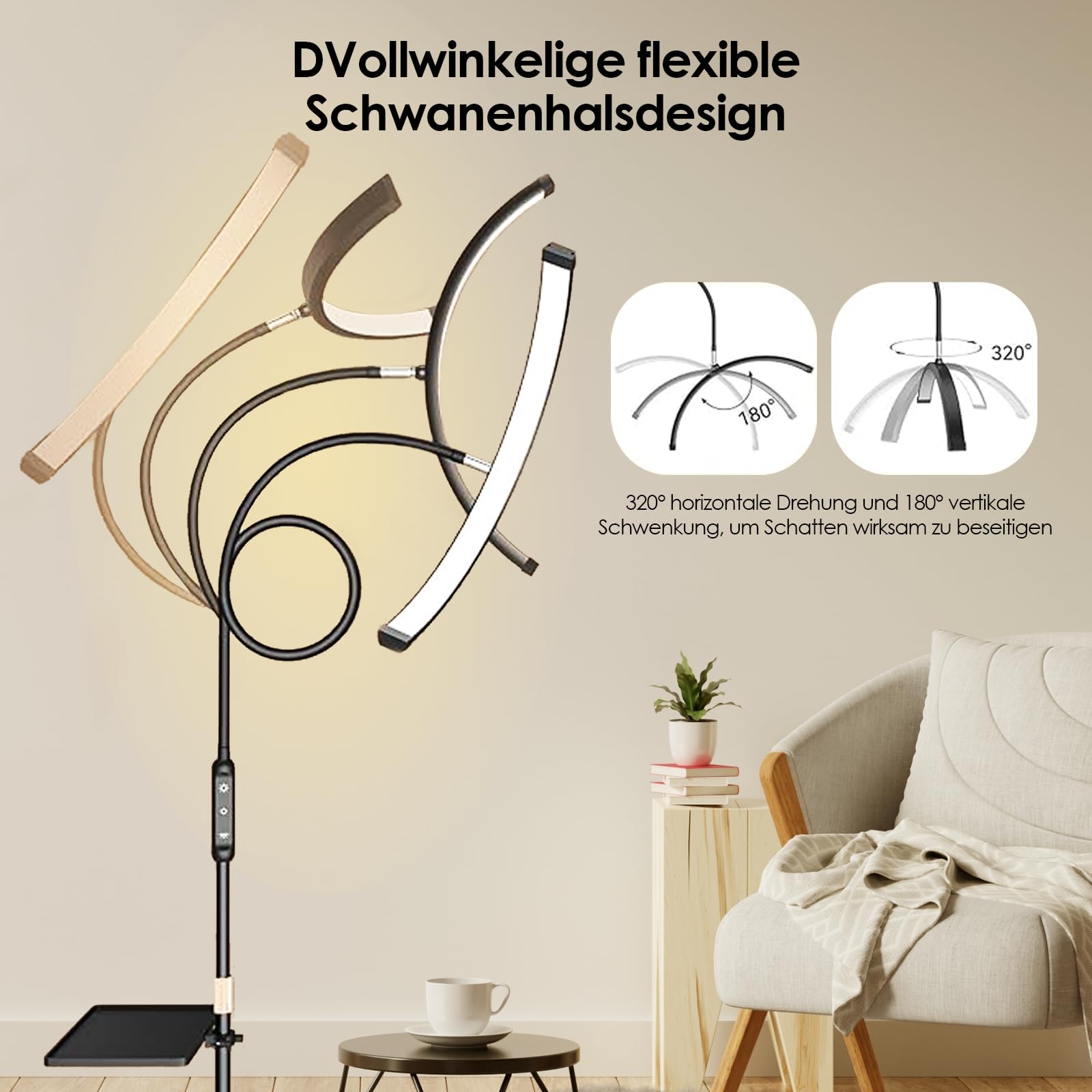 18 Zoll Halbmond Lampe Kosmetik – Mobile Stehlampe mit Rädern, 192 LEDs, 5 Farben & 5 Helligkeiten, mit Fernbedienung und Clip, für Wimpernverlängerung/Nageldesign/Tattoo
