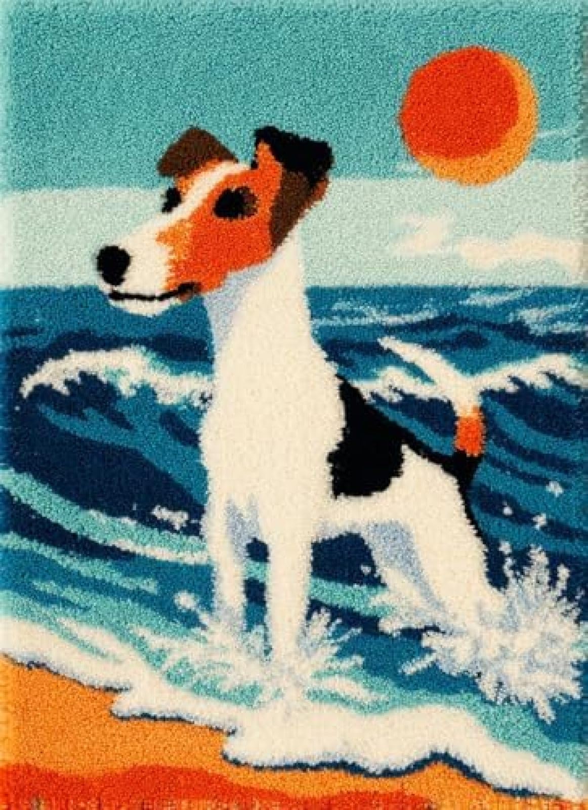 XDEGHUANGSS Latch Hook Rug Kit Fox Terrier Dog Swimming Seaside Cushion Cover DIY Craft Set Pre-Printed Mat 38x52cm for Home Decor-2