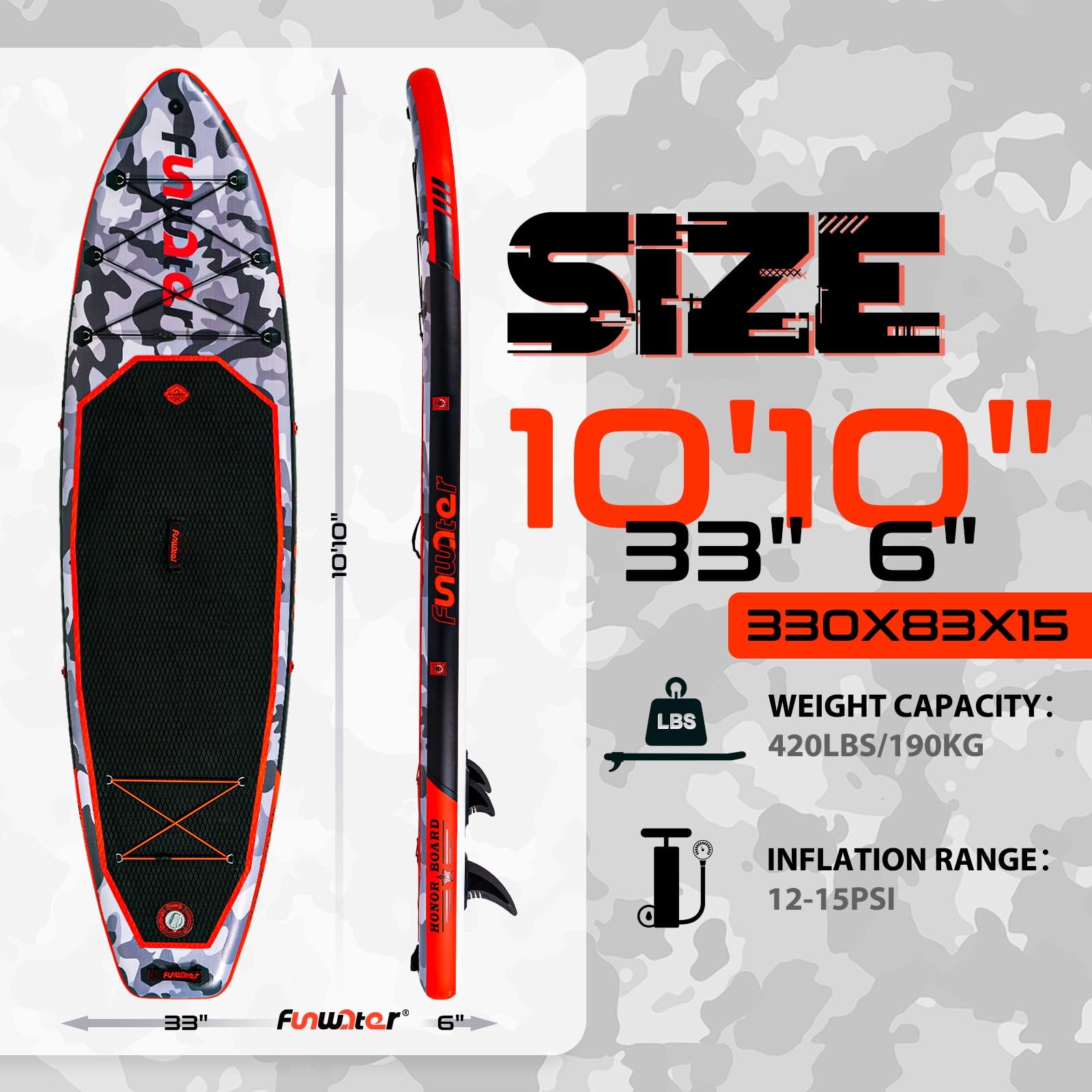 FunWater Nadmuchiwana deska SUP 330 cm – kompletny zestaw z wiosłem, plecakiem, pokrowcem na telefon komórkowy, 3 płetwami, pompką, siedziskiem i paskiem na ramię – deska SUP dla początkujących i