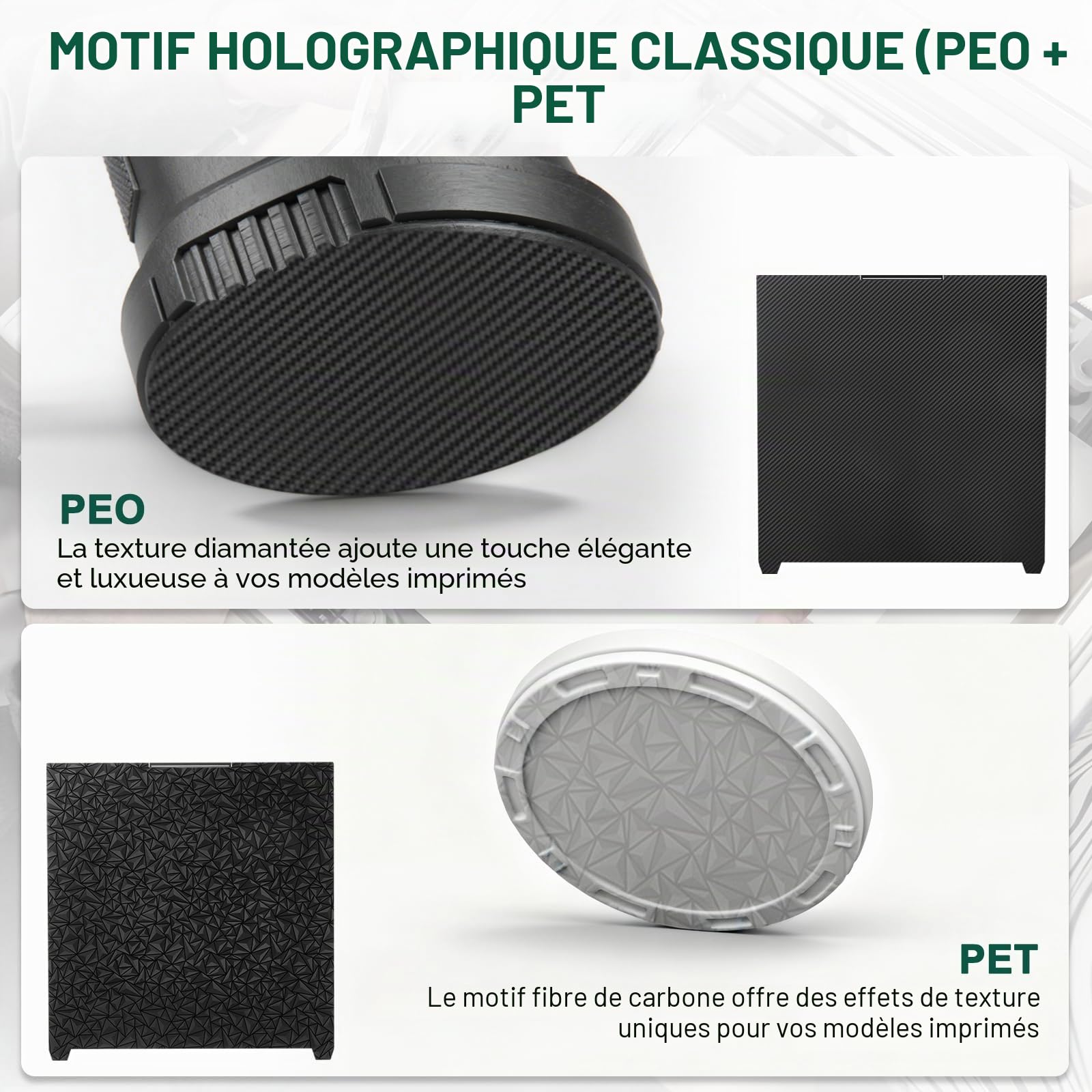 Plaque de Plateforme Texturée Double Face pour Creality K2 Plus Combo,370x370mm Acier à Ressort Élastique,Haute Adhérence PEO-PET Compatible PLA ABS PETG TPU Usage Professionnel et Modélisation
