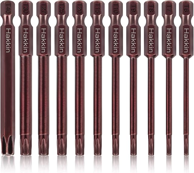 Hakkin Torx Bit Set 11Pcs 75mm Tamper Proof Torx Security Bits Premium S2 Steel Redness Treatment Magnetic Screwdriver Bits 1/4 Hex Shank for Power Hand Tools T6 T7 T8 T9 T10 T15 T20 T25 T27 T30 T40