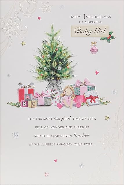 Baby Girl First Christmas Card with Envelope - Lovely, Cute, Design with Christmas Tree, Presents and Soldiers
