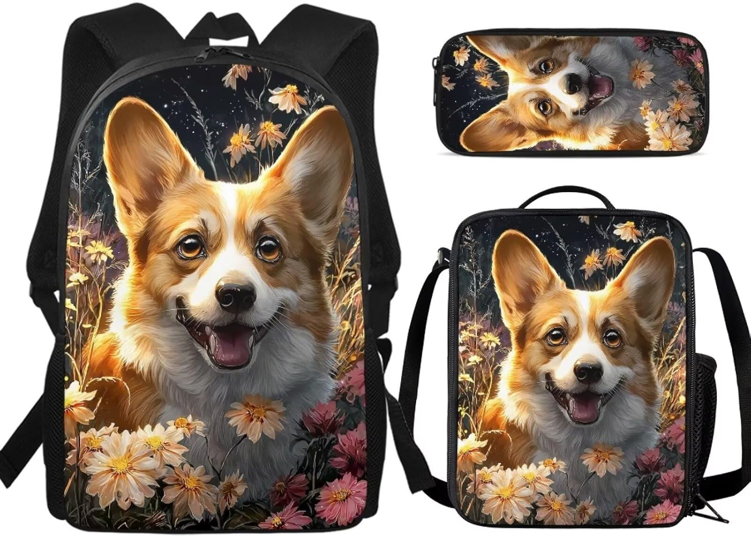 Funny Black Cat Print 3Pcs Backpack Sets with Lunch Box and Pencil Bag Primary Schoolbag Travel Daypack Shoulder Bag Girls Rucksack knapsack