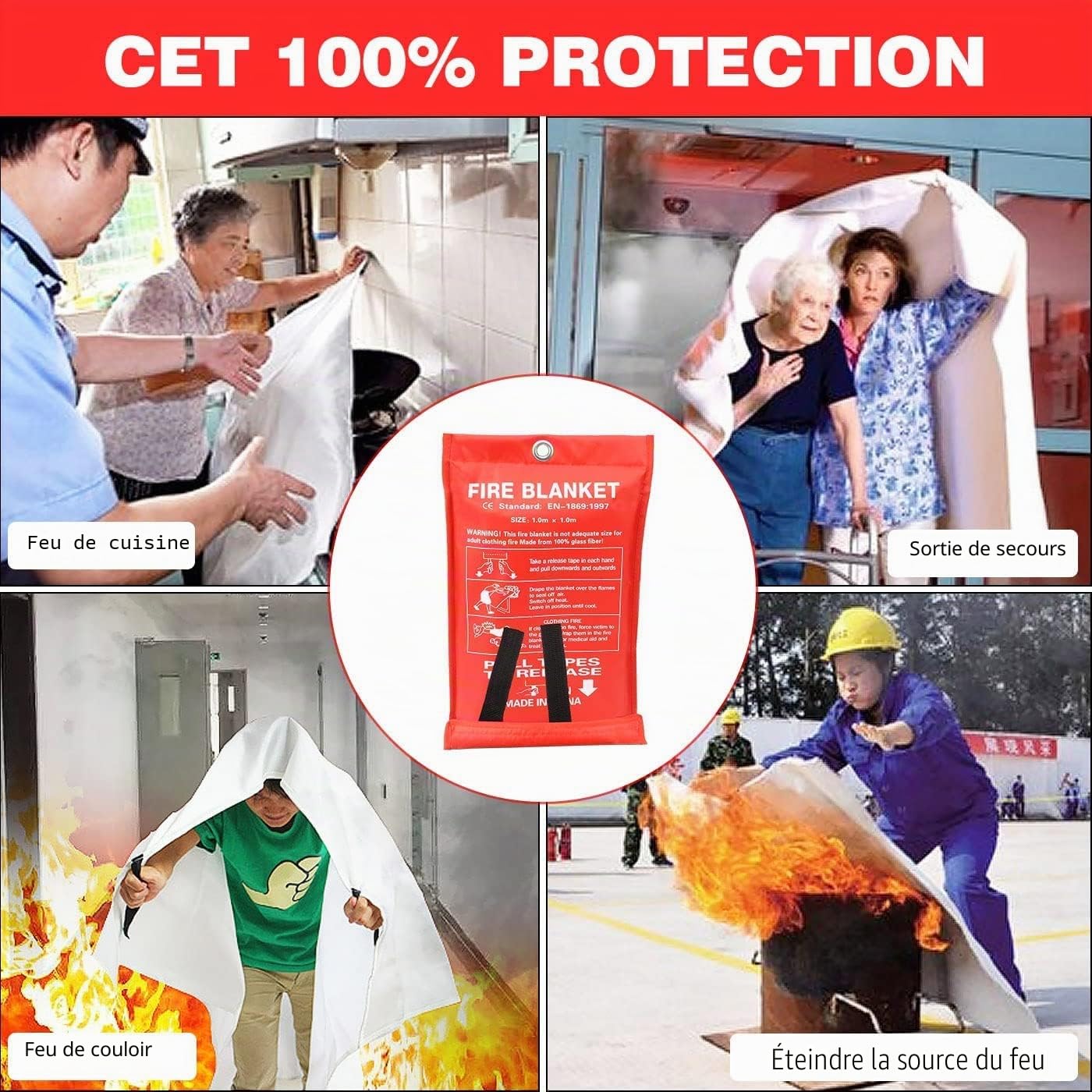 Couverture Anti Feu - 1 x 1 m - Couverture Anti Feu Fire Blanket pour Feu de Graisse dans la Cuisine