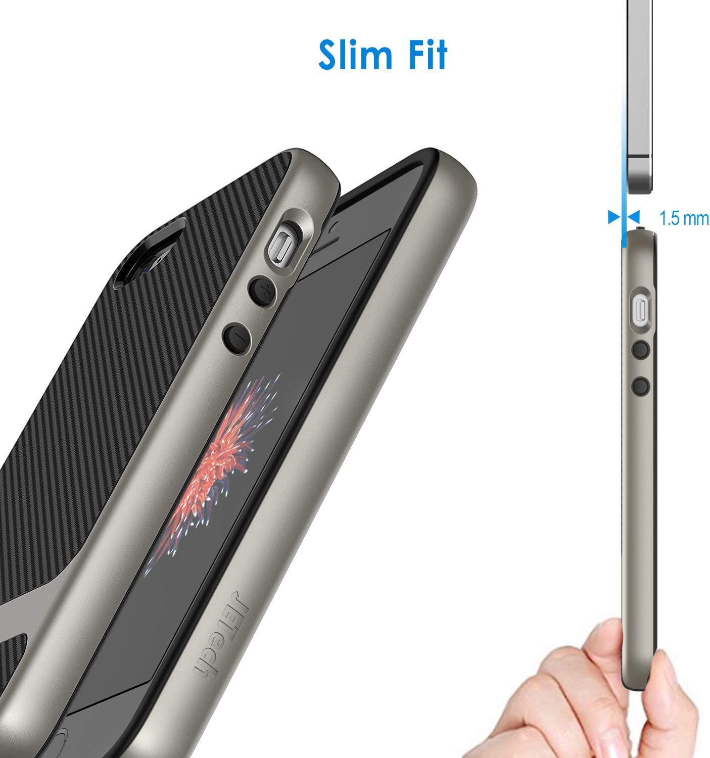 JETech Case for iPhone SE (2016 Edition), iPhone 5s and iPhone 5, Slim Protective Cover with Shock-Absorption, Carbon Fiber Design, Grey