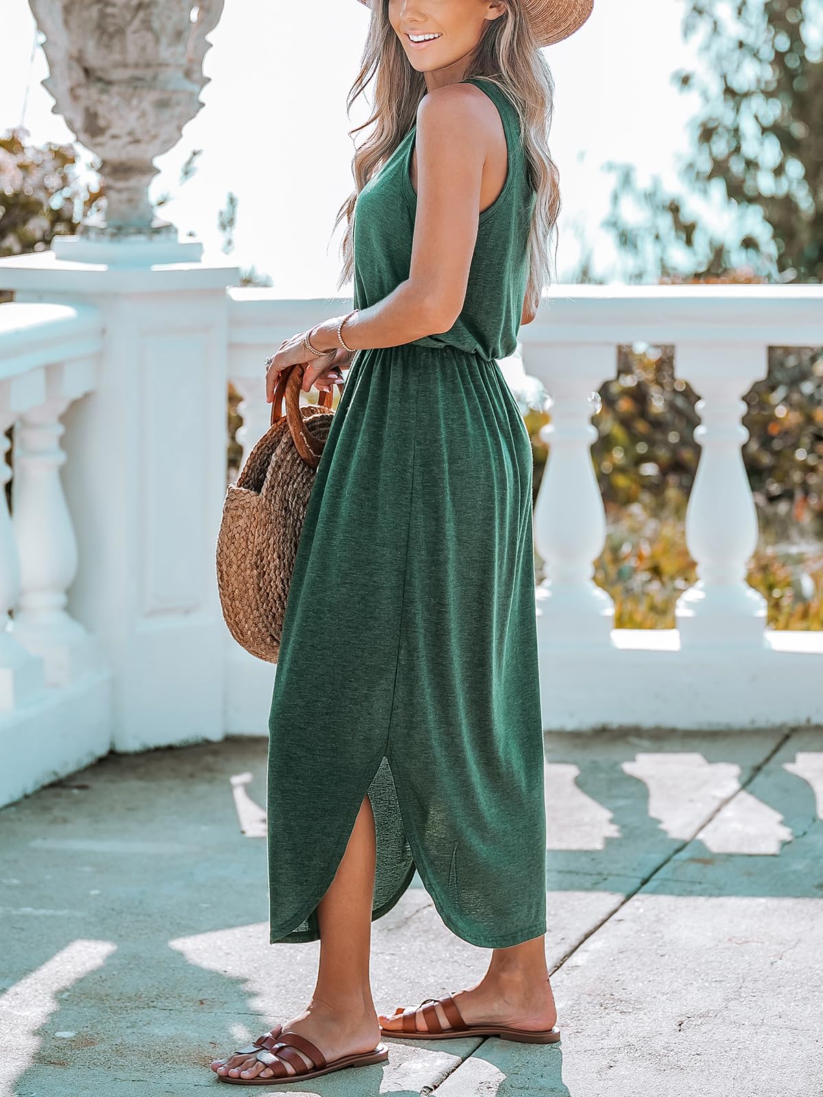 CUPSHE Vestido de playa de punto para mujer, con abertura lateral, cintura elástica, cuello redondo, vestido de verano