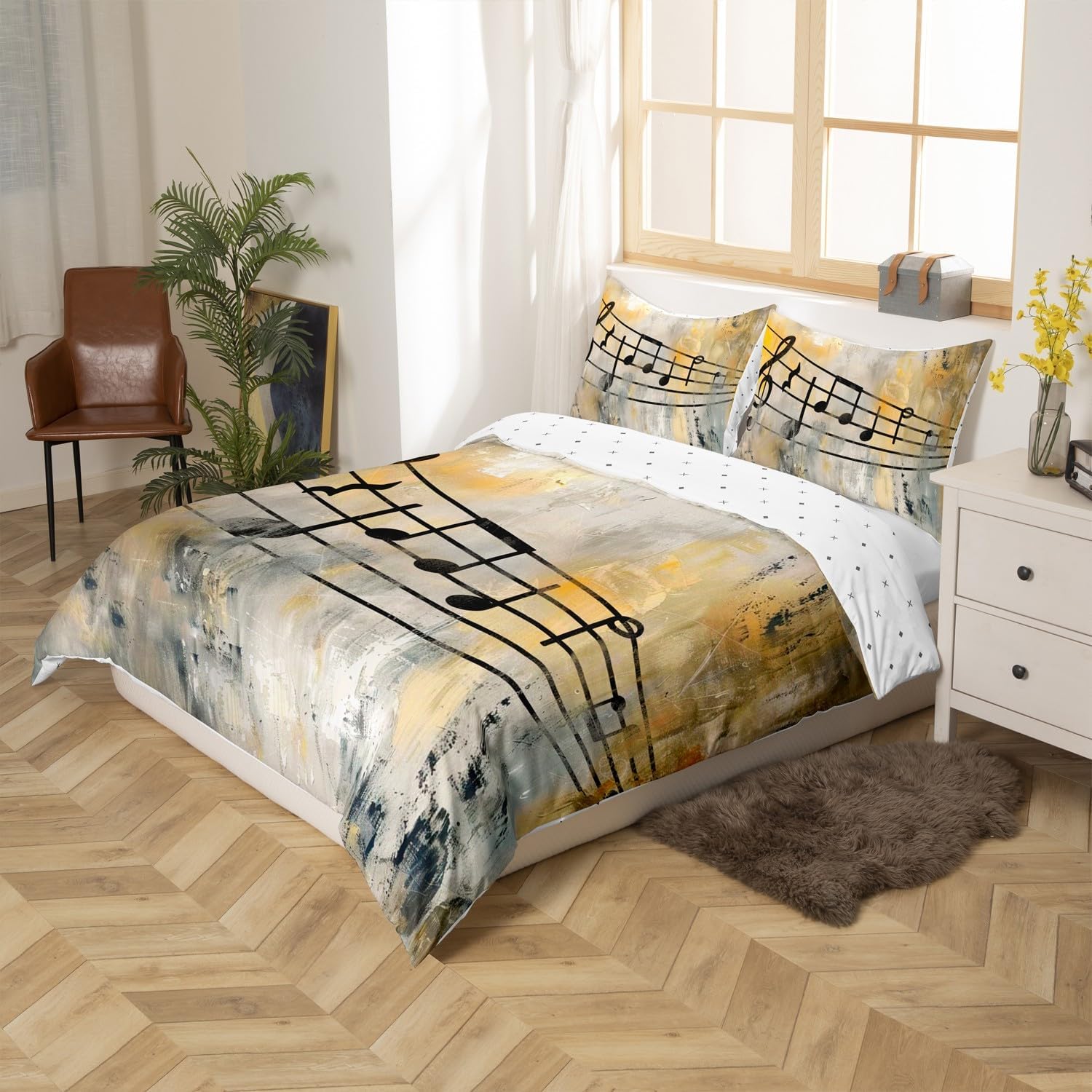 Feelyou Queen Size Music Bedding Set Boys Girls Abstract Musical Note Duvet Cover for Kids Women Men Ultra Soft Music Lover Comforter Cover Set Vintage Bedspread Cover Room Decor Bedclothes Zipper