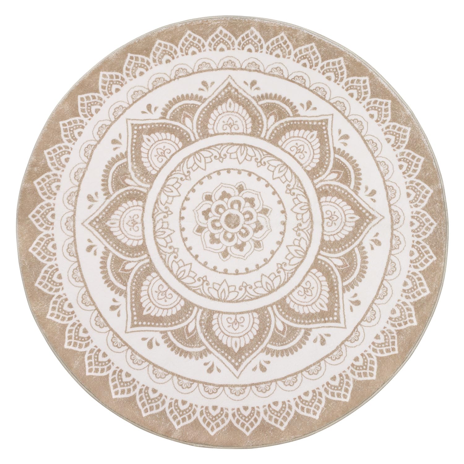 SHACOS Kurzflor Teppich Rund 160 cm, Boho, Anti Rutsch, Waschbar, Wohnzimmerteppich Rund Flauschig, Runder Teppich für Schlafzimmer, Wohnzimmer, Beige