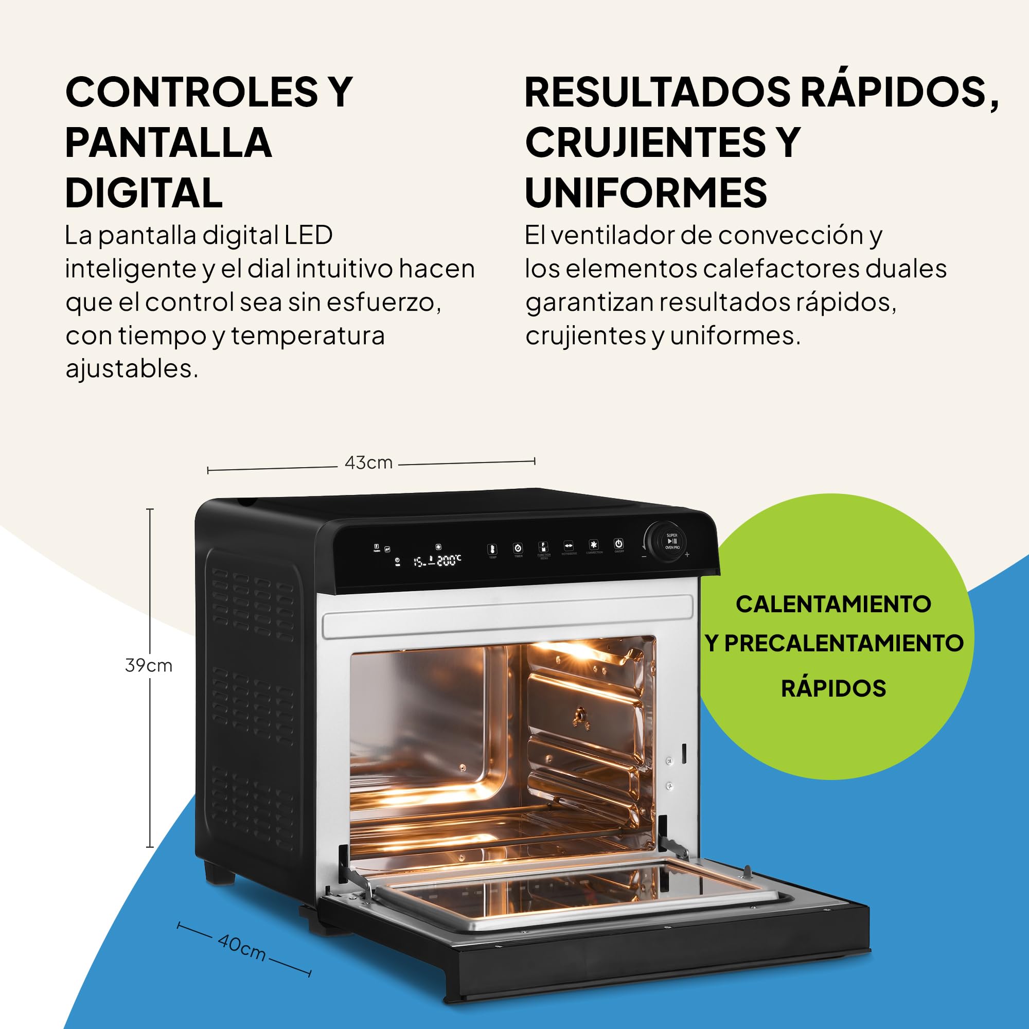 Fridja F77 Horno Súper Pro de 30L – Horno Freidora de Aire Digital LED Premium – 18 Programas Inteligentes, Función de Asador Giratorio (Rotisserie), Fácil de Limpiar, Rápido, Potente y Versátil, Inte