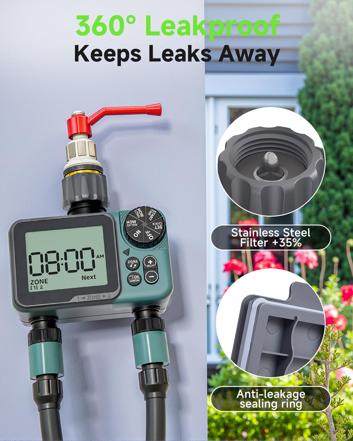 Sprinkler Timer 2 Zone & Digital Water Timer for Garden Hose, Yard, Lawn, Pool – Programmable Irrigation Controller with Rain Delay, IP66 Waterproof Auto & Manual Irrigation System - 5