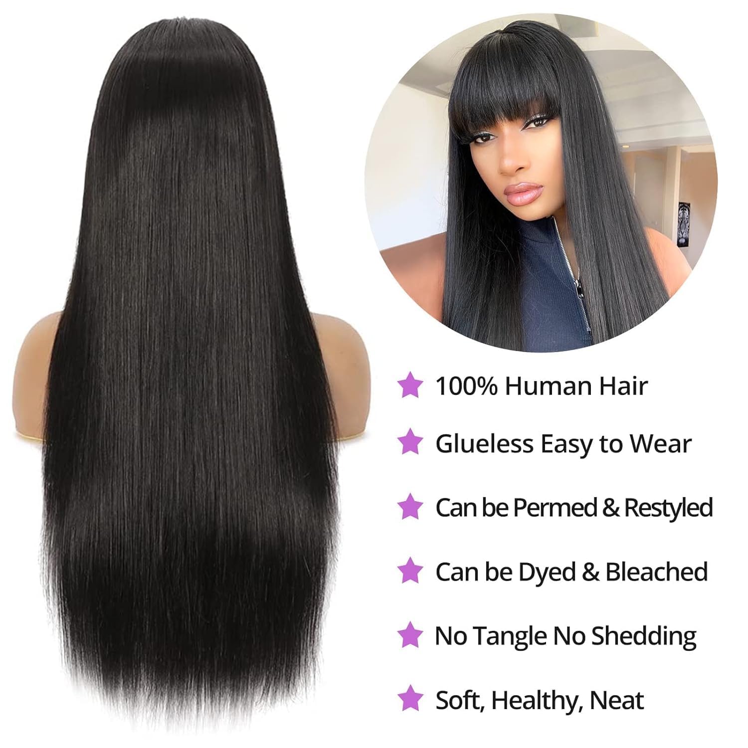 ROSELINE Glueless Wigs Human Hair with Bangs Straight Human Hair Wig with Bangs 150% Density None Lace Front Wigs for Black Women 20inch