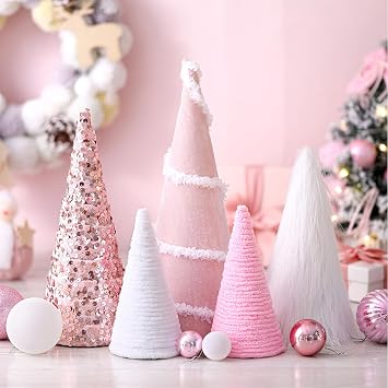 Marsui Set of 6 Valentines Day Table Decor Pink White Cone Valentines Day Trees with Velvet Glitter Sequins Plush Fur and Swirl Surface Modern Tabletop Centerpiece for Home Xmas Winter Holiday Decor