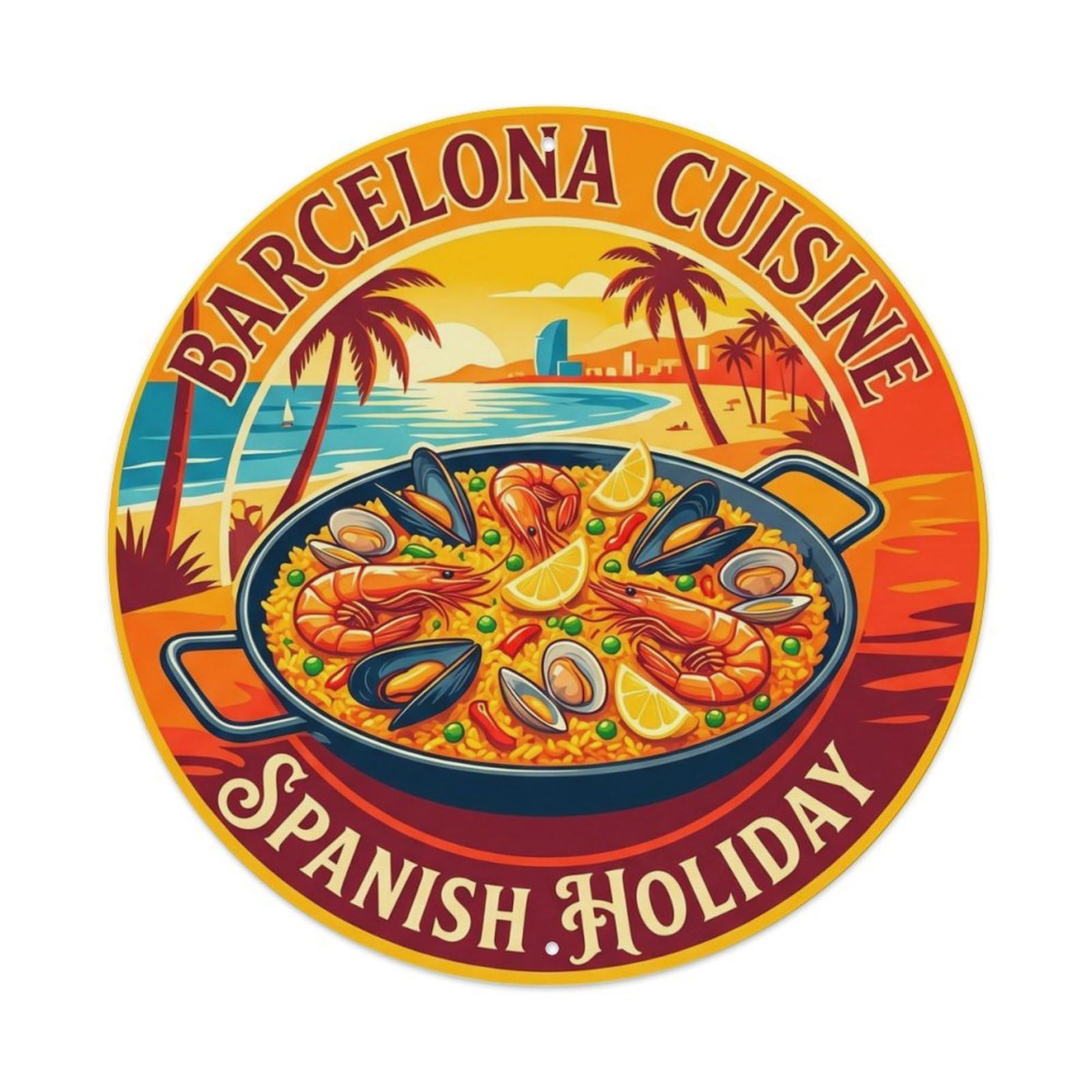 Barcelona Spanish European Paella Classic Europe Destination Metal Tin Sign Plaque Wall Decor for Cafe, Man Cave, Club Bar, Office, Home Garden Round Metal Poster 8x8Inch