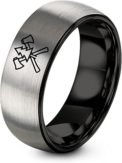 Crossed Axes Ring - Gift for Camper - Gunmetal Black Silver - 8mm - Flat Dome Bevel - Men Women - Tungsten Carbide - Personalized Custom Engraving - Anniversary Engagement Wedding - Band