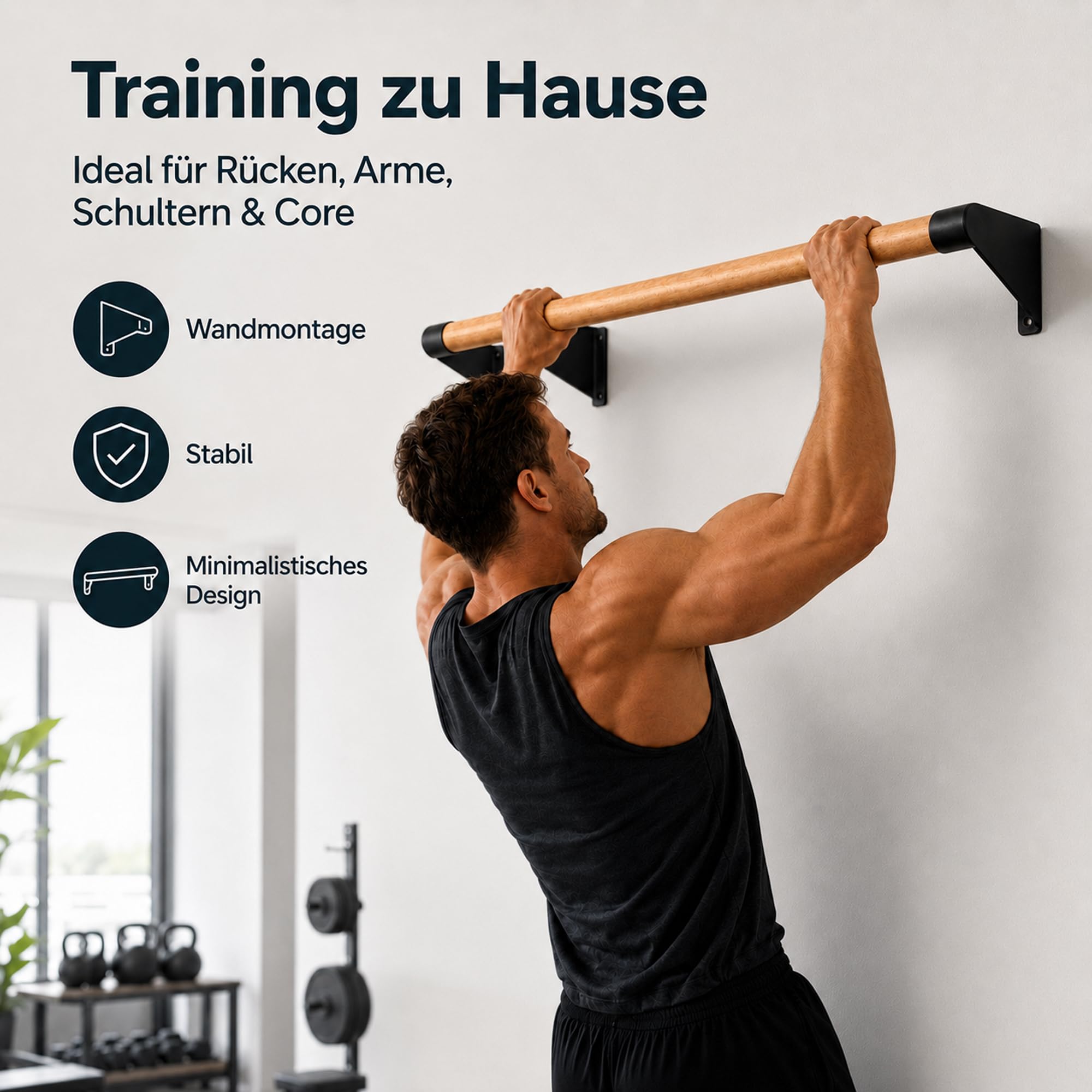 Klimmzugstange Wand Holz, bis 130kg, extra breite Pull Up Bar
