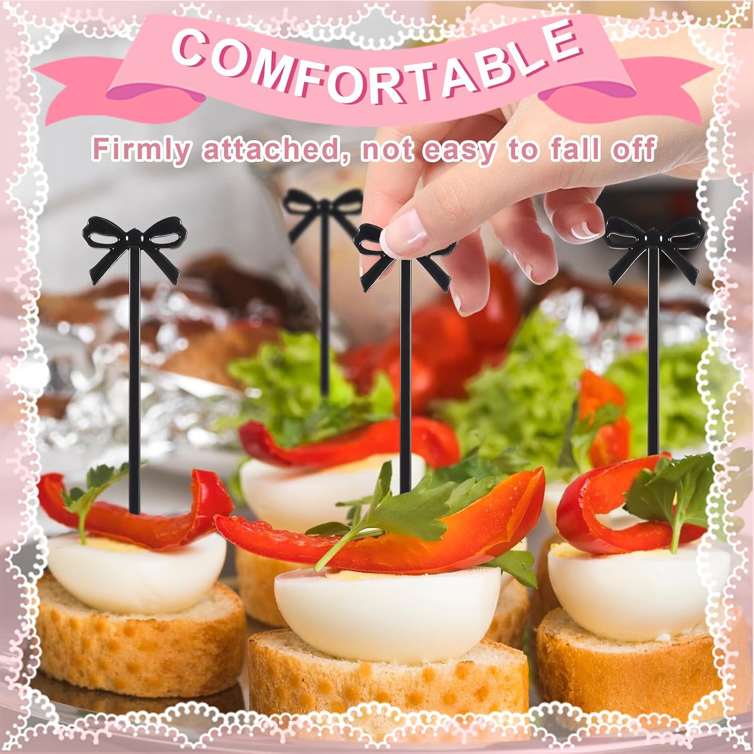 Black Cocktail Picks, 60 Pcs Black Bow Decor Fruit Fork Bow Drink Stirrers Black Bow Cupcake Toppers Bow Design Party Food Sticks Dessert Picks Decorative Skewers for Appetizers Drinks Party Fruit