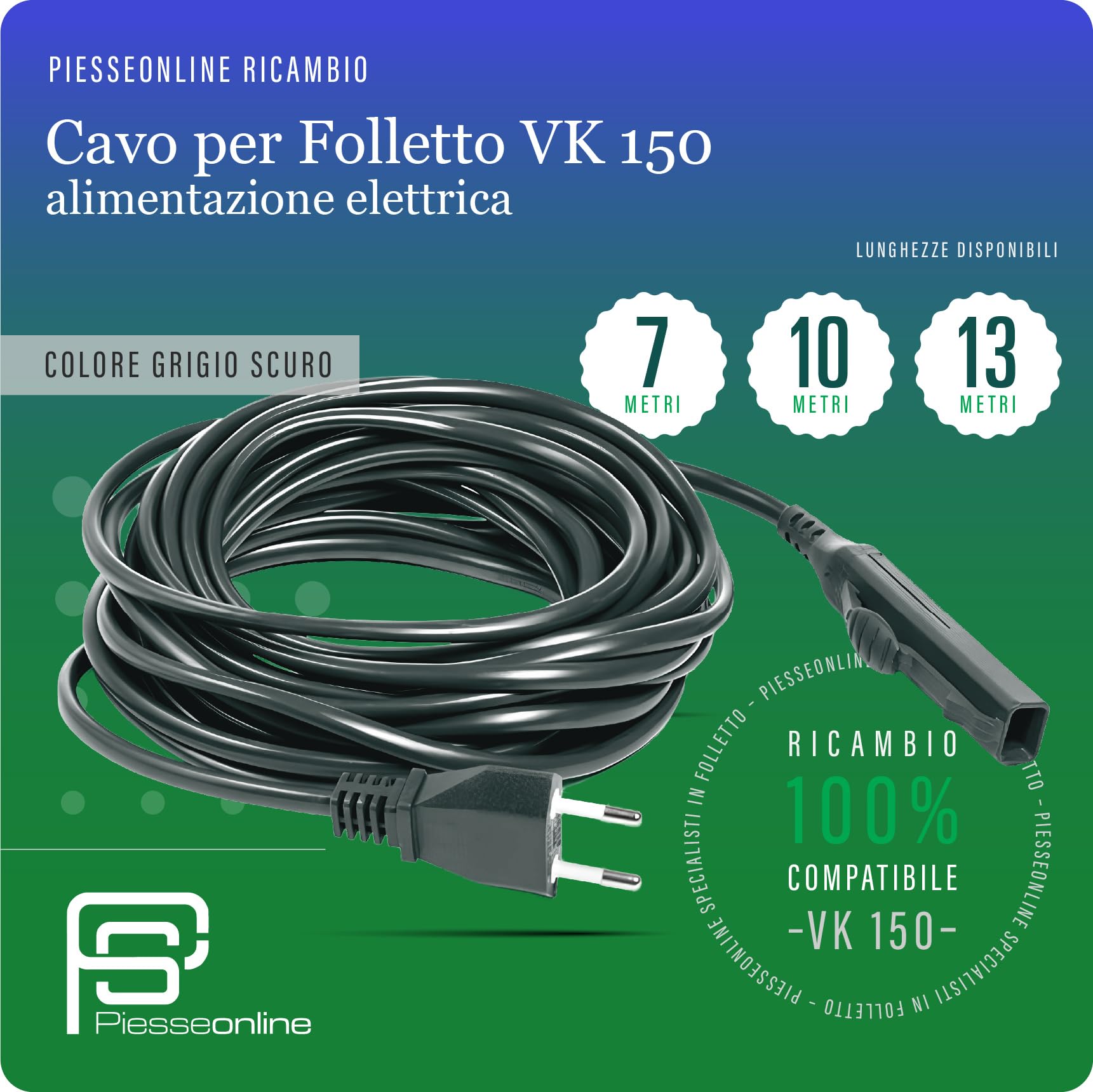 PIESSEONLINE - Cavo di Ricambio per Folletto VK 150 – Cavo Alimentazione Aspirapolvere da 7 Metri – Compatibile, Resistente e Facile da Installare con Spina Italiana, Grigio