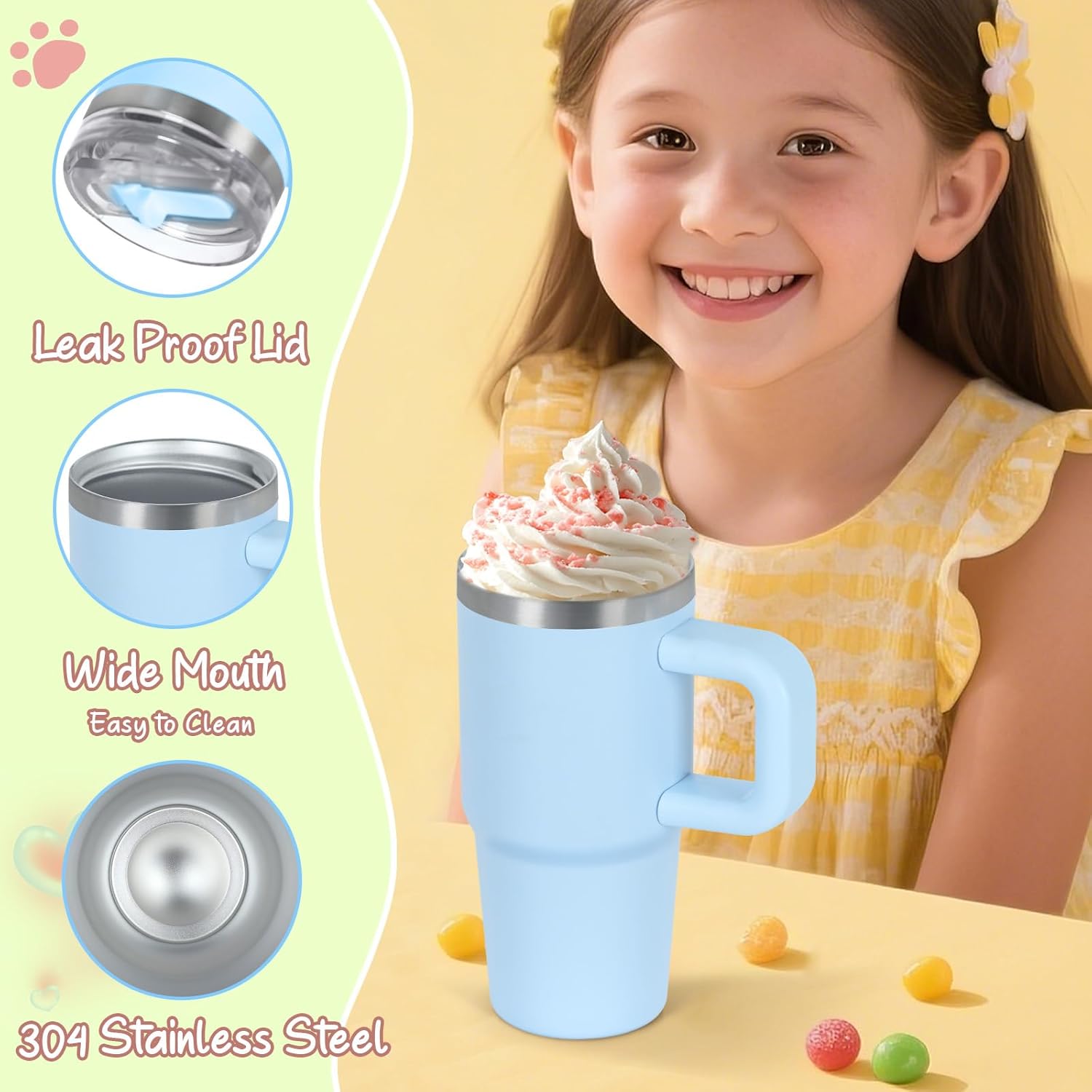 14 Oz Flip Straw Tumbler with Handle for Kids, Stainless Steel Double Wall Insulated Cup for Children with Flip Top Lid, 14 Oz Leak-proof Cups for Kids, Sky Blue - Image 3