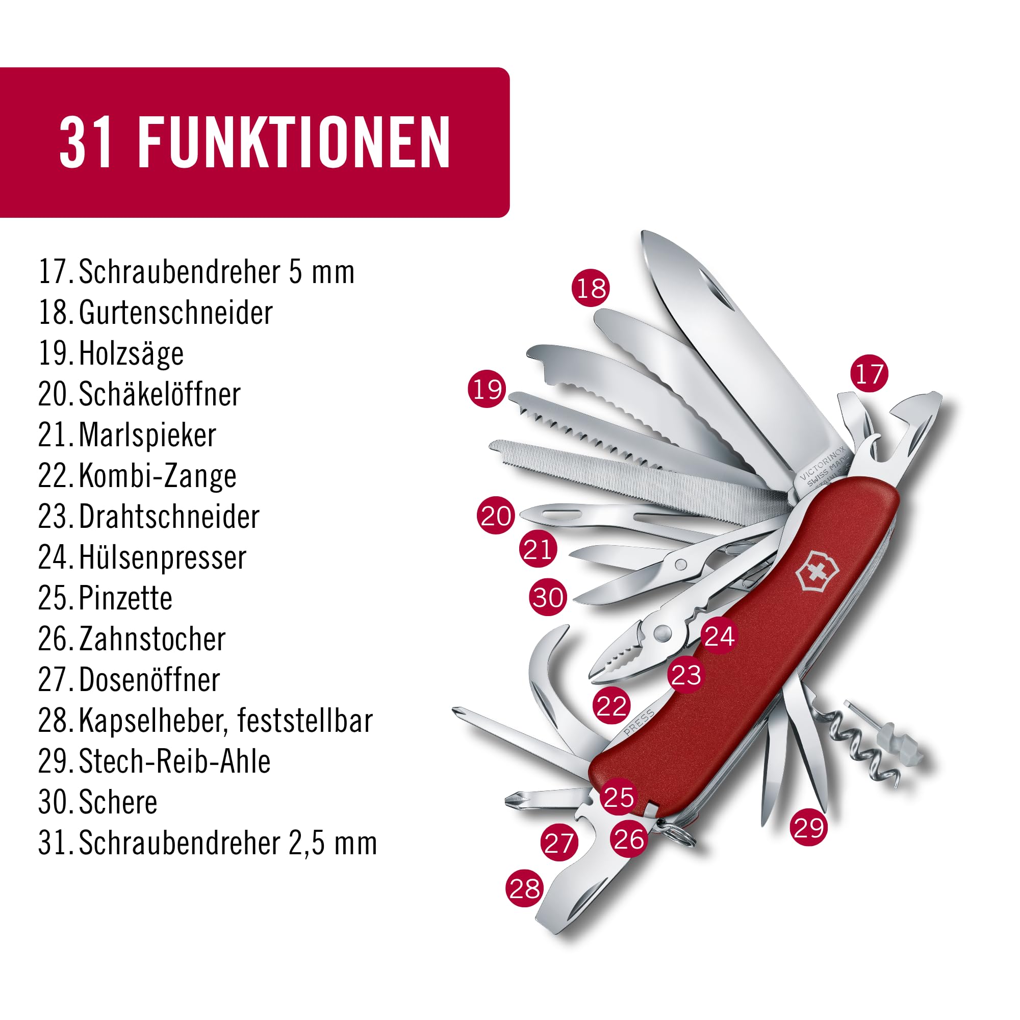 Victorinox Schweizer Taschenmesser, Work Champ XL, Multitool, Swiss Army Knife mit 31 Funktionen, Feststellklinge, Korkenzieher, Mini-Schraubendreher