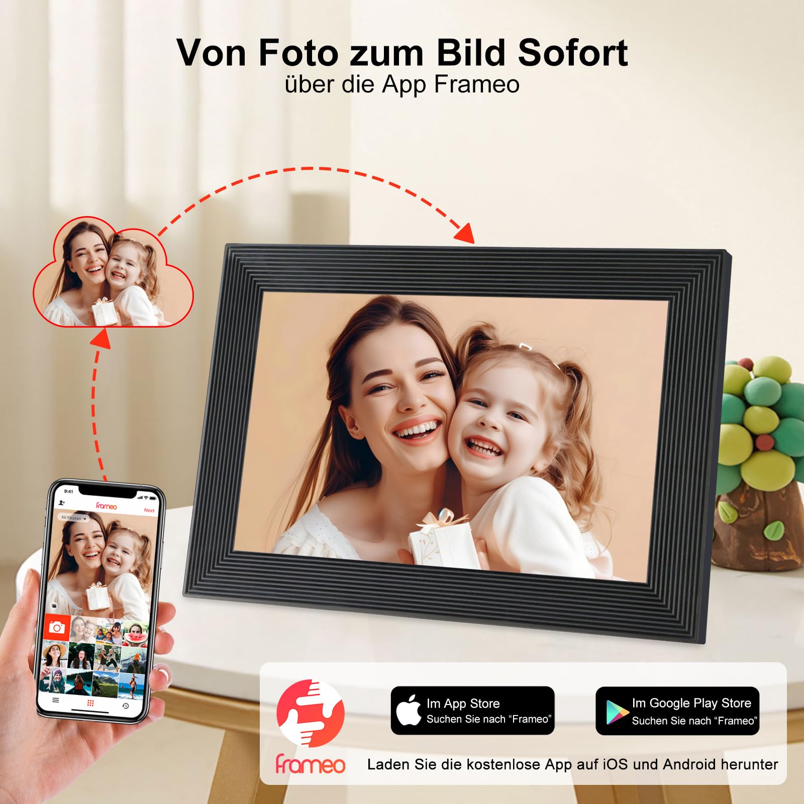 Frameo WLAN Digitaler Bilderrahmen 10,1 Zoll Touchscreen elektronischer Foto-Videorahmen 1280 * 800, 16 GB Speicher, Frameo-App, Automatische Drehung, Wandmontage (schwarz)