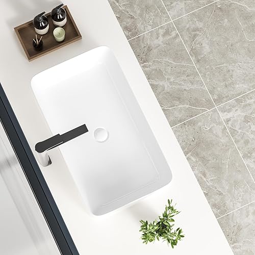Miniatura 6 de KINGWONG Fregadero de encimera de 24 pulgadas para baño, lavabos rectangulares modernos para baño, lavabos de porcelana de cerámica blanca, lavabos
