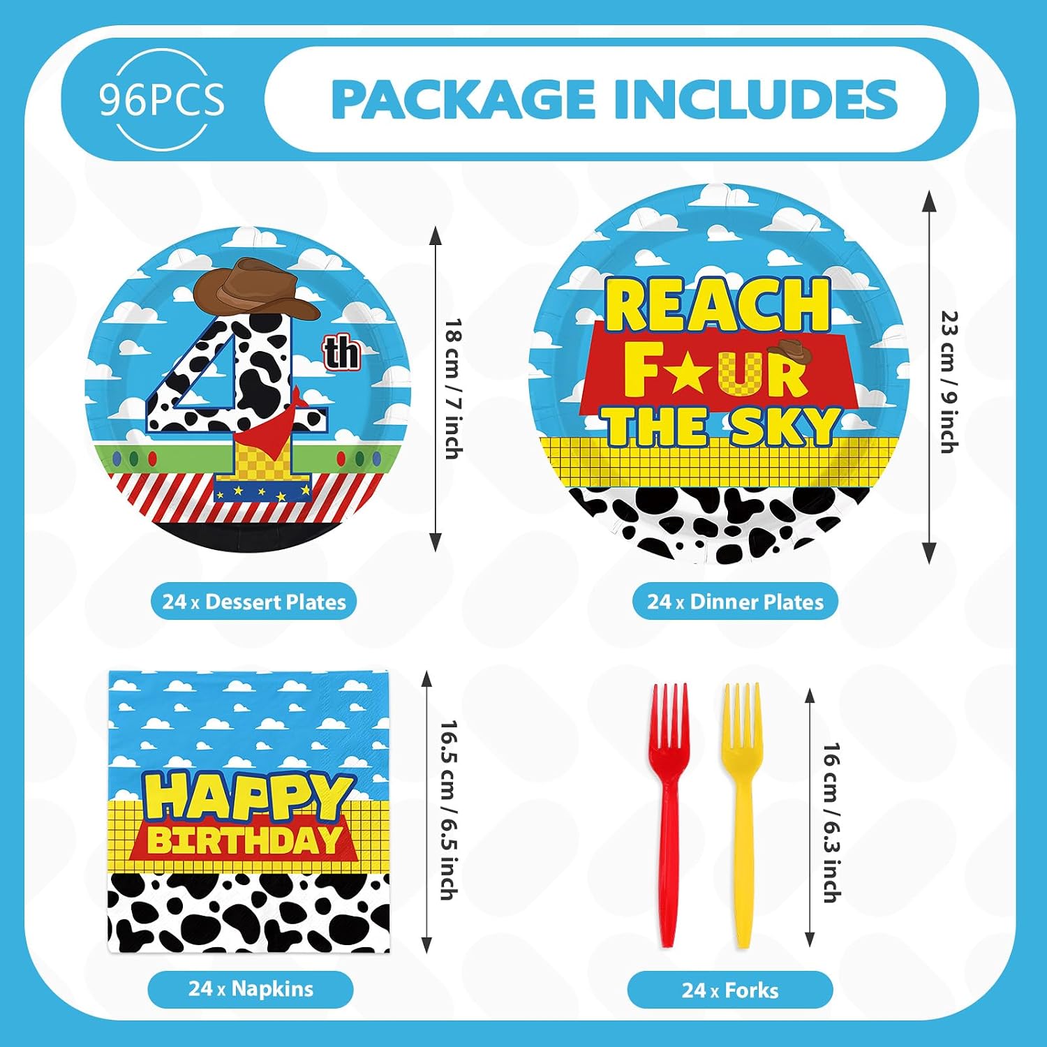 96 Pcs Toy Cartoon Story 4th Birthday Decorations Reach Four The Sky Plates and Napkins Disposable Toy Inspired Story Cartoon Theme Tableware Set for 4 Years Old Boys Birthday Party Supplies Serves 24