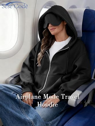 SeSe Code Unisex Zip Up Hoodie With Eye Mask Airplane Mode Travel Hoodies