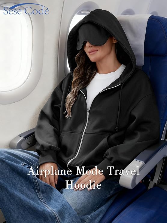 SeSe Code Unisex Zip Up Hoodie With Eye Mask Airplane Mode Travel Hoodies