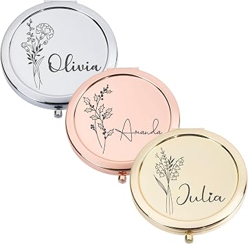 Personalized Compact Mirror Birth Flower with Custom Name Makeup Mirrors Engraved Pocket Mirrors Gift for Mothers Day, Bridesmaid Proposals, Birthday, Graduation, for Mom Her