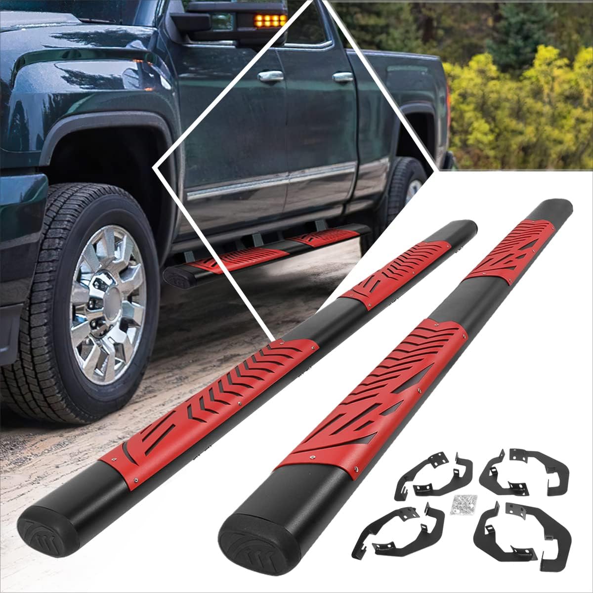 5" Black Oval Running Boards Side Steps Nerf Bars w/Red Step Pad Compatible with 07-19 Silverado Sierra Crew Cab (Pair)