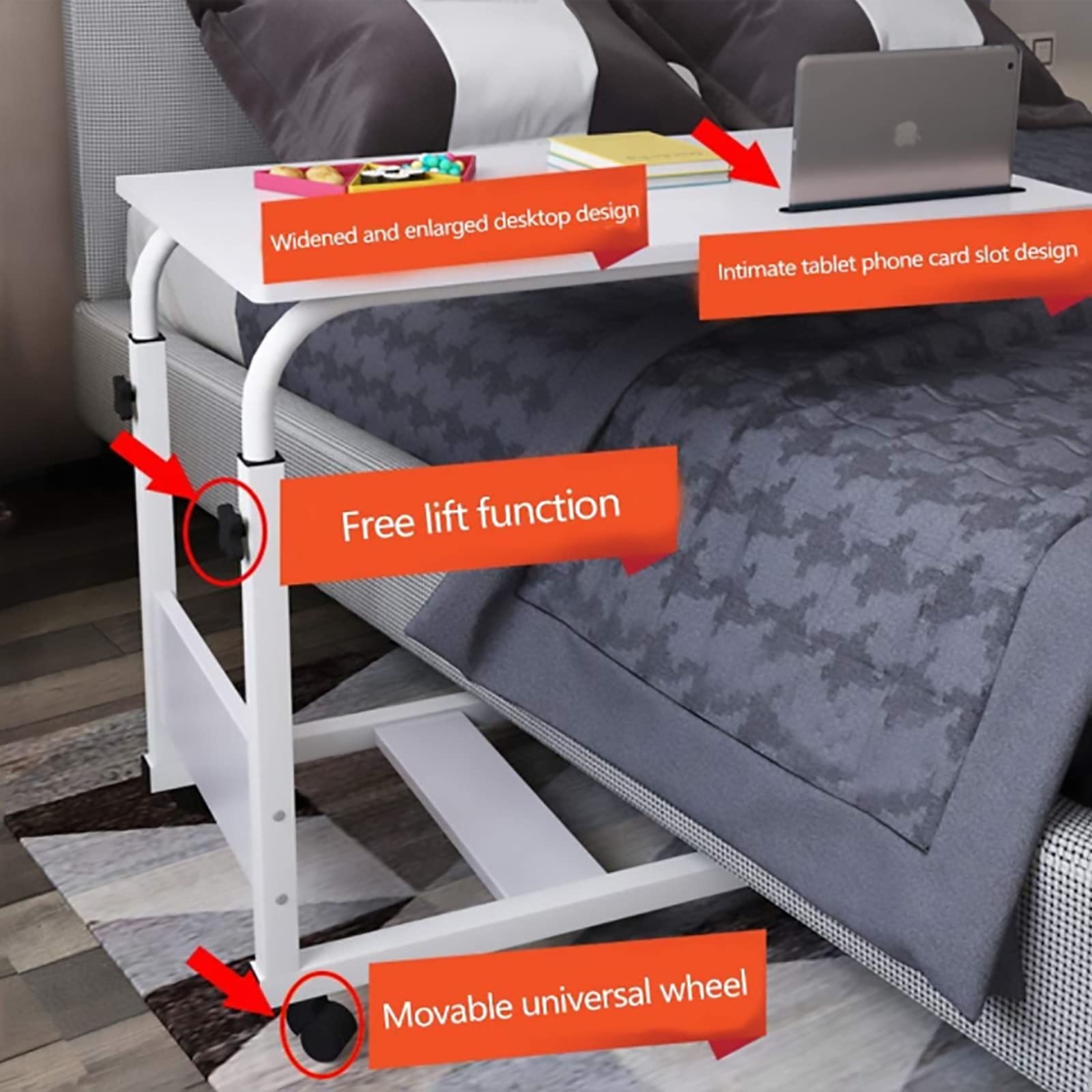 Tavolino da Letto, tavolini sopra Il Letto, scrivania per Laptop con Ruote, Tavolo da Pranzo Laterale Regolabile in Altezza, Tavolo Medico Mobile (Dimensioni: 80x40 cm)