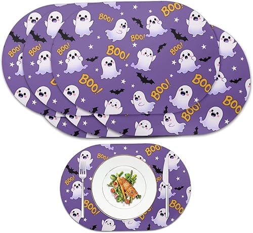 Miniatura 60 de Pumpkin Placemats Set of 4 Ghost Non Slip Washable Heat Resistant Place Mats 12x18 Inch Round Tablemats for Dining Kitchen Party Daily Table Decor